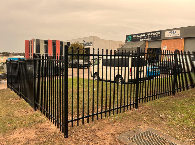Commercial Security Fence Installation in Hallam black speartop security fence installed for a factory in Hallam